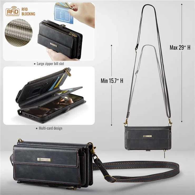 For iPhone 14 Pro Max Case CASEME C39 RFID Blocking Zipper Wallet Stand Leather Cover with Strap - Black