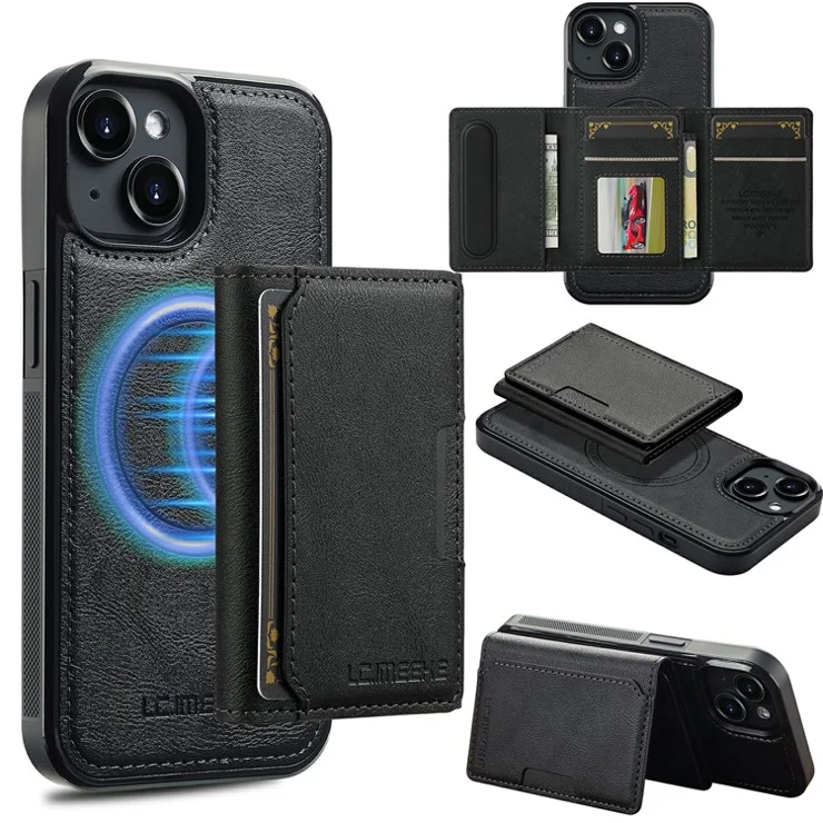 LC.IMEEKE L5 For iPhone 15 Magnetic Phone Case Leather Back Cover with Detachable Card Holder - Black