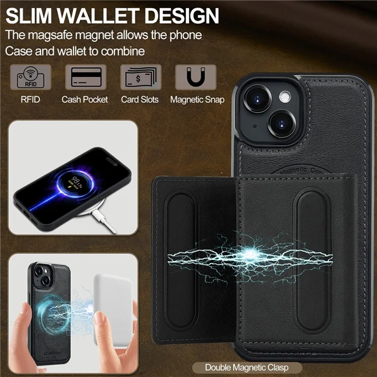 LC.IMEEKE L5 For iPhone 15 Magnetic Phone Case Leather Back Cover with Detachable Card Holder - Black