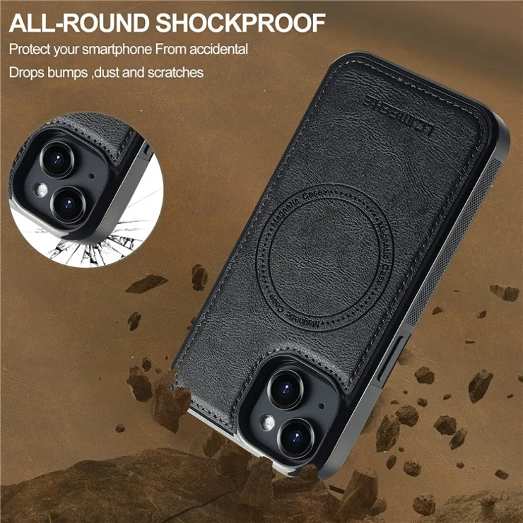 LC.IMEEKE L5 For iPhone 15 Plus Magnetic Phone Case Leather Back Cover with Detachable Card Holder - Black