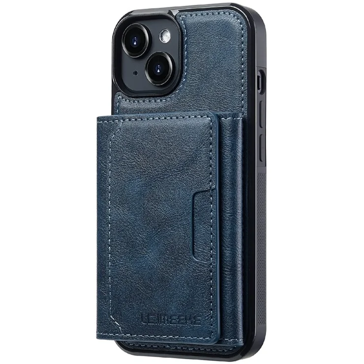LC.IMEEKE L5 For iPhone 15 Plus Magnetic Phone Case Leather Back Cover with Detachable Card Holder - Blue