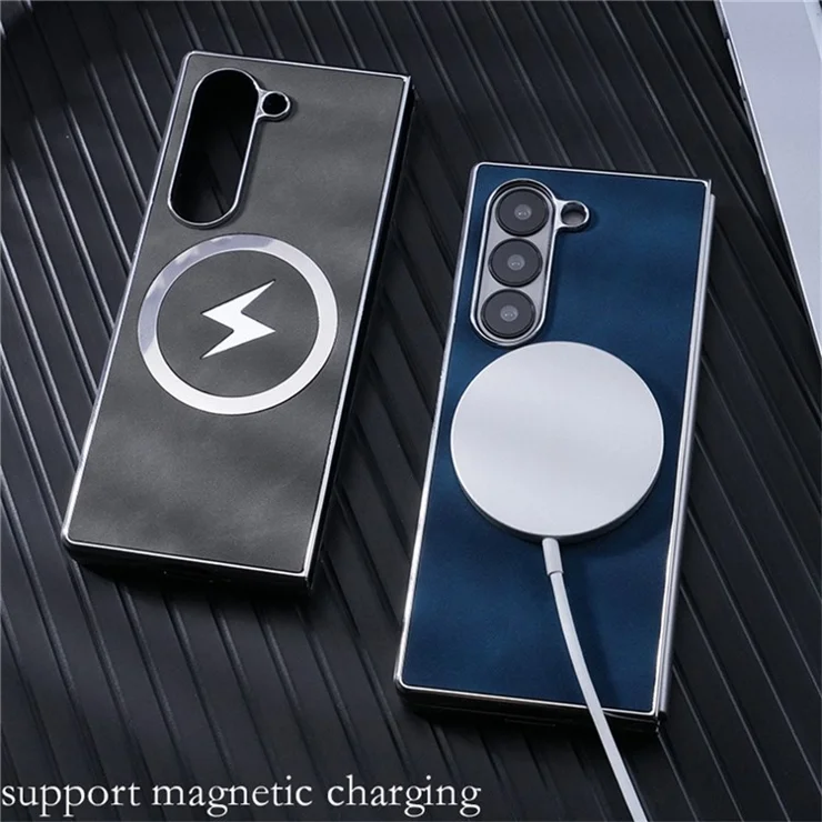 For Samsung Galaxy Z Fold6 5G Case Compatible with MagSafe Leather+PC+Metal Phone Cover - Grey