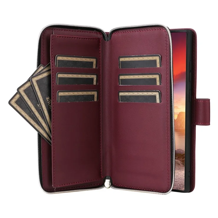 For Samsung Galaxy S25 Ultra Case Zipper Wallet Rhombus PU Leather Crossbody Phone Bag - Wine Red