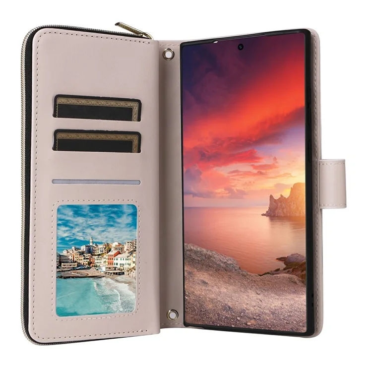 For Samsung Galaxy S25 Ultra Case Zipper Wallet Rhombus PU Leather Crossbody Phone Bag - Beige