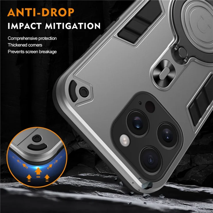 For iPhone 16 Pro Max Case Rotatable Kickstand PC+TPU Drop Protection Phone Cover - Silver