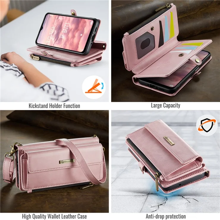 For Samsung Galaxy A16 5G Case CASEME C39 RFID Blocking Zipper Wallet Stand Leather Cover with Strap - Pink