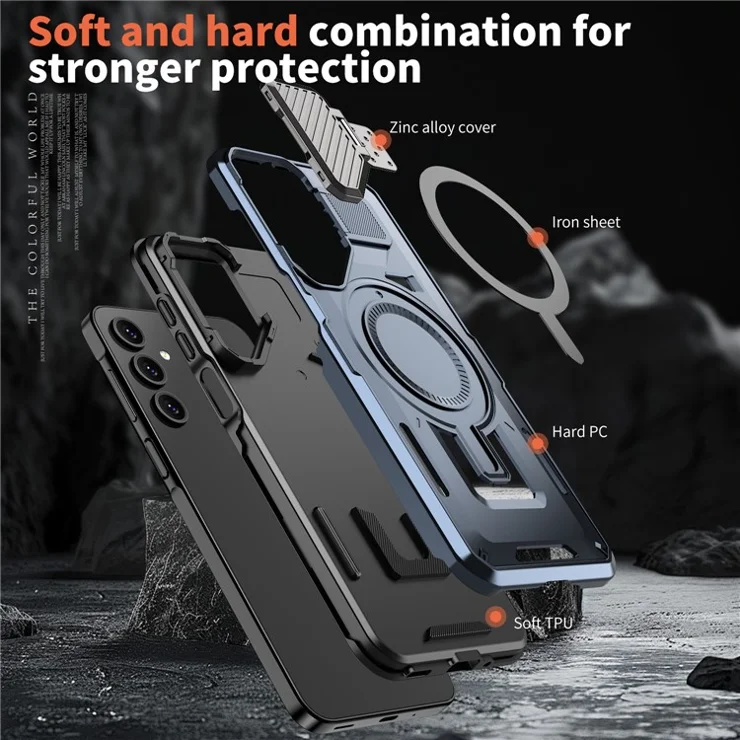 For Samsung Galaxy A16 4G / 5G Case Compatible with MagSafe Lens Lid Kickstand PC+TPU Back Cover - Blue