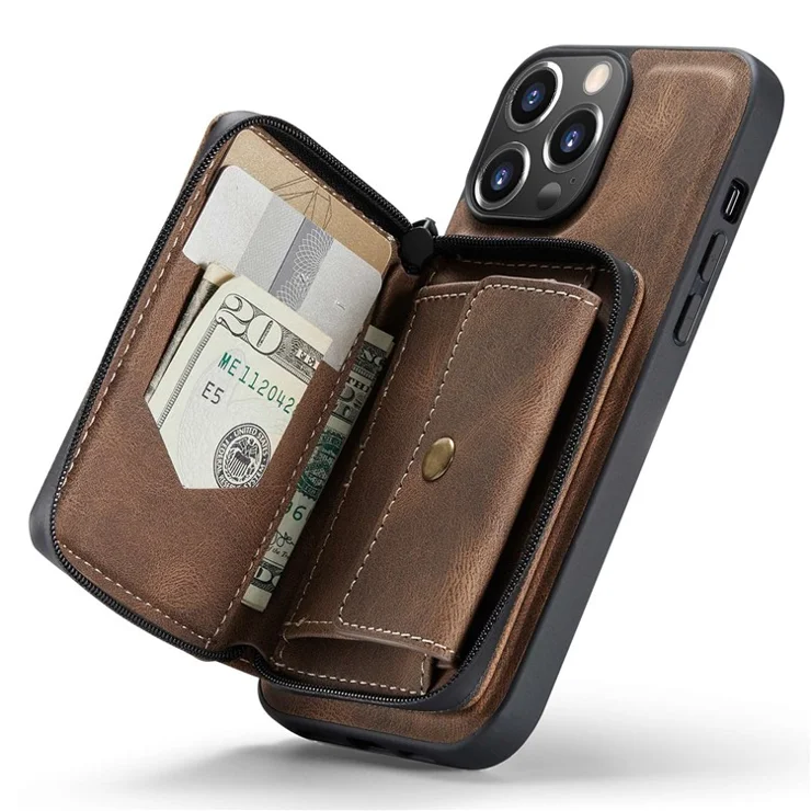JEEHOOD Phone Case for iPhone 14 Pro Shockproof PU Leather Coated TPU Cover Phone Case with Zippered Wallet Kickstand - Brown
