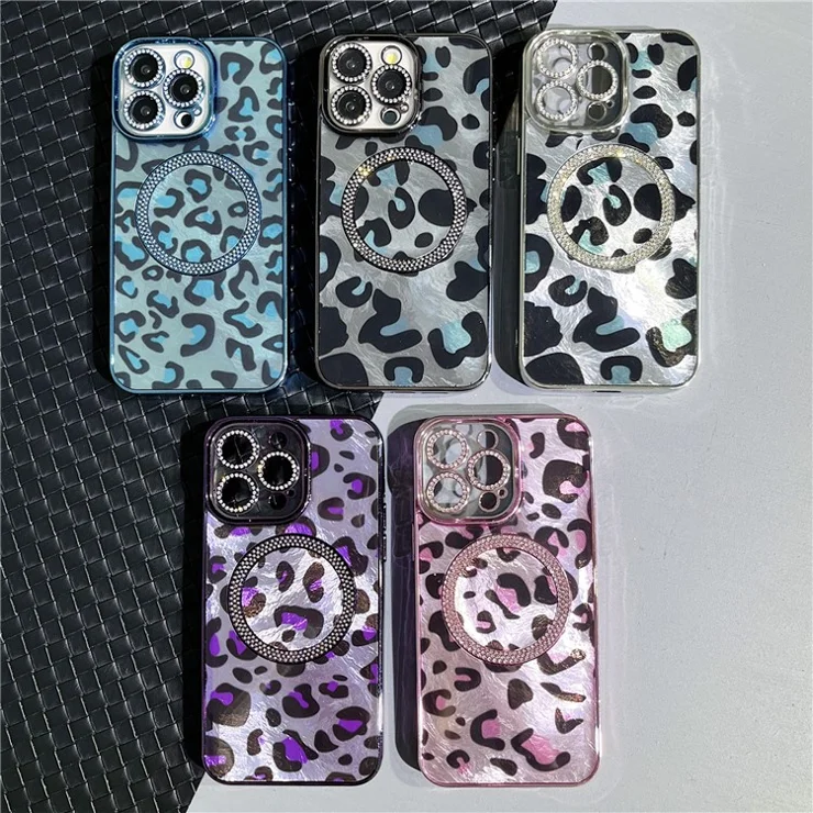 For iPhone 15 Pro Case Compatible with MagSafe Epoxy Shockproof Phone Cover Leopard Print - Silver