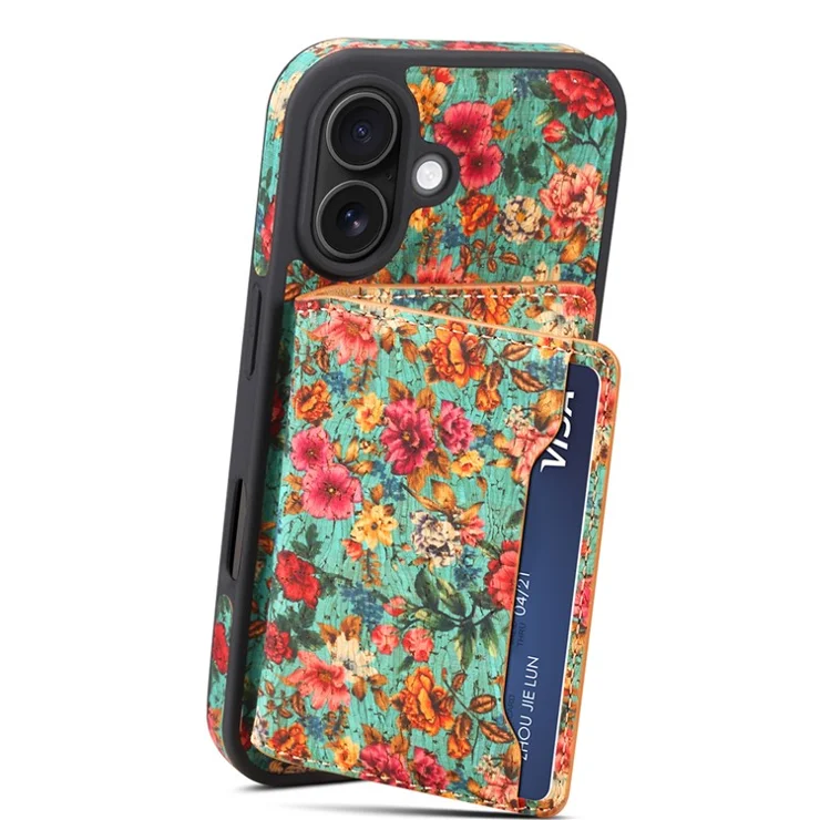 D16 For iPhone 16 Magnetic Case Detachable Card Bag Flower Leather Back Cover - Blue