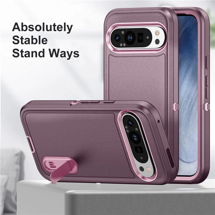 For Google Pixel 9 Pro / Pixel 9 Case Kickstand Phone Cover PC+Silicone+EVA 3-in-1 Design - Purple+Pink