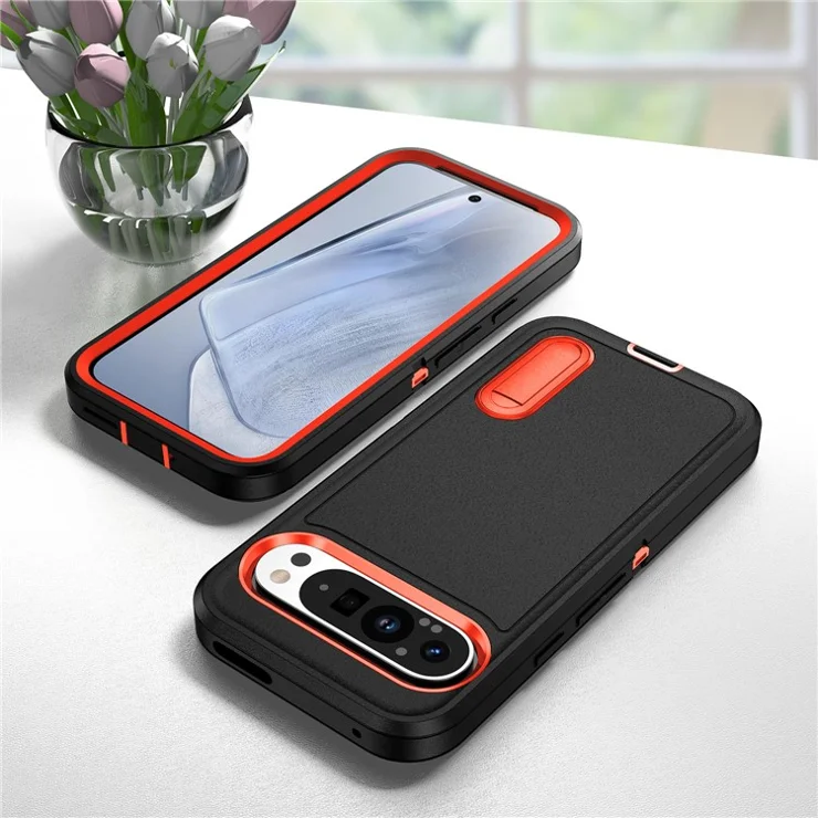 For Google Pixel 9 Pro XL Case Kickstand Phone Cover PC+Silicone+EVA 3-in-1 Design - Black+Orange