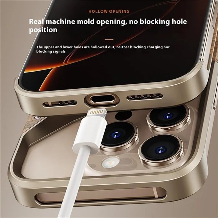 For iPhone 15 Pro Max Bumper Case Aluminum Alloy Wood Frameless Heat Dissipation Phone Cover - Dark Grey