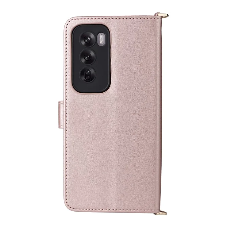 For Oppo Reno12 5G (Global) Wallet Case with Shoulder / Wrist Strap Leather Phone Cover Stand - Pink