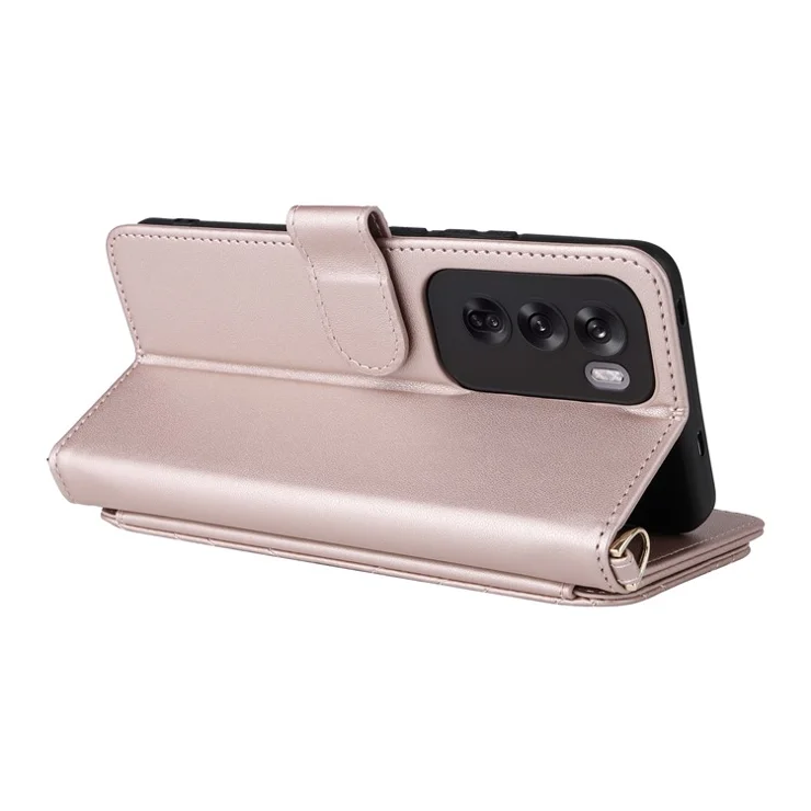 For Oppo Reno12 5G (Global) Wallet Case with Shoulder / Wrist Strap Leather Phone Cover Stand - Pink