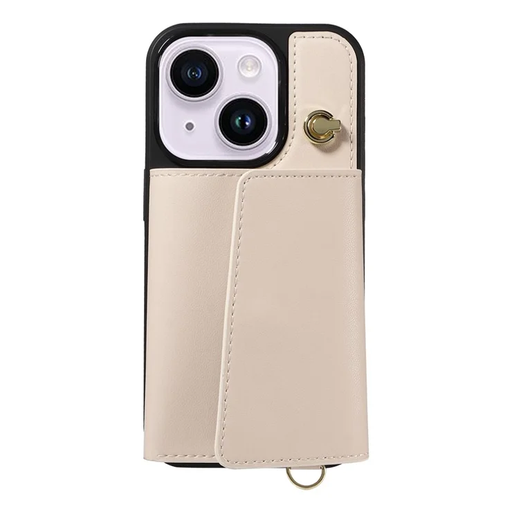 For iPhone 15 Plus / 14 Plus Crossbody Phone Case Card Holder Kickstand Leather Coated TPU Mobile Cover - Beige