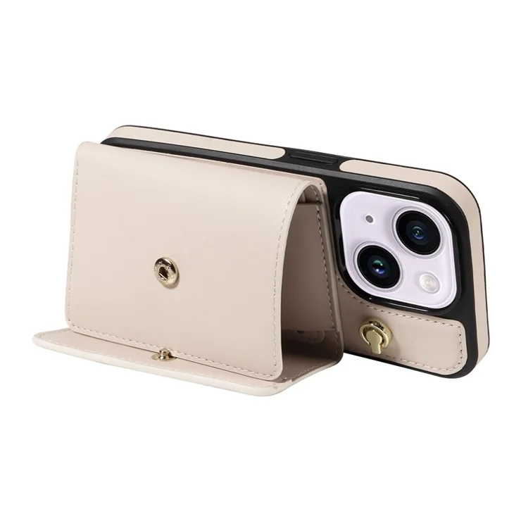 For iPhone 15 Plus / 14 Plus Crossbody Phone Case Card Holder Kickstand Leather Coated TPU Mobile Cover - Beige