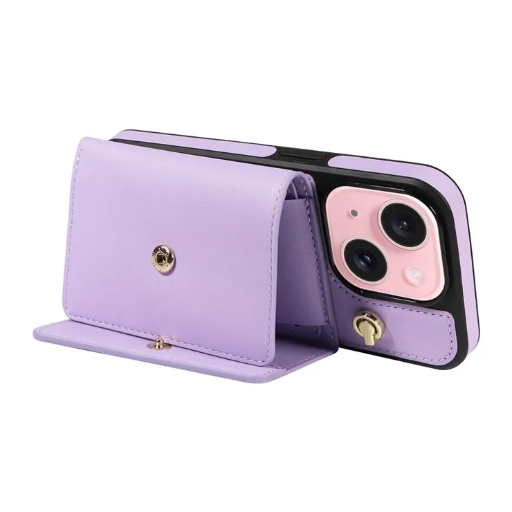 For iPhone 15 Crossbody Phone Case Card Holder Kickstand Leather Coated TPU Mobile Cover - Purple