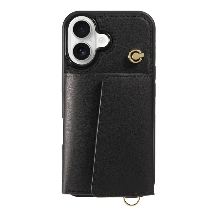 For iPhone 16 Crossbody Phone Case Card Holder Kickstand Leather Coated TPU Mobile Cover - Black