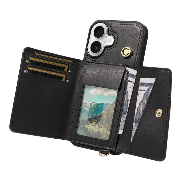 For iPhone 16 Crossbody Phone Case Card Holder Kickstand Leather Coated TPU Mobile Cover - Black