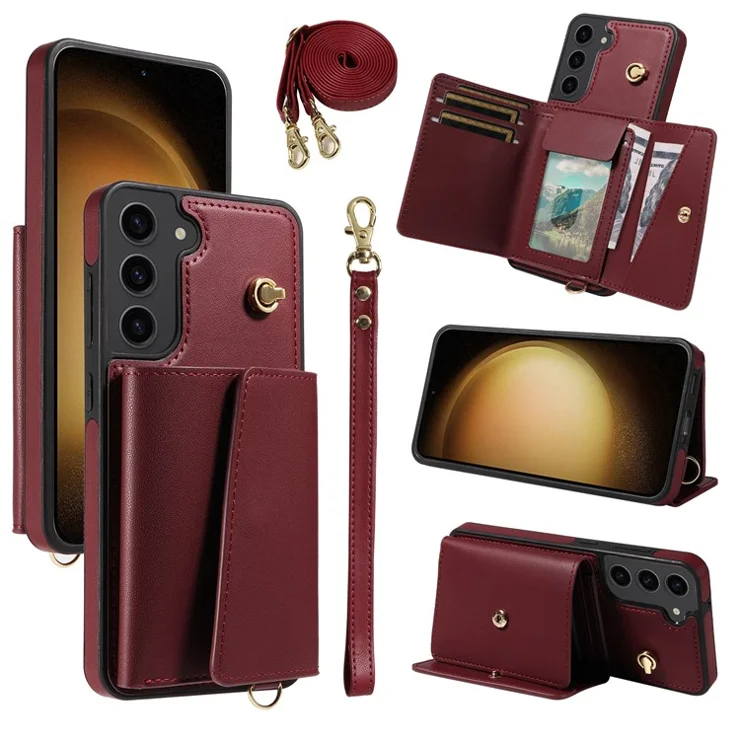For Samsung Galaxy S23+ Crossbody Phone Case Card Holder Kickstand Leather Coated TPU Mobile Cover - Wine Red
