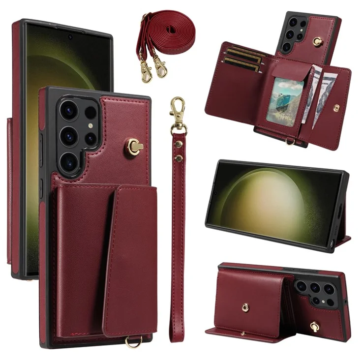 For Samsung Galaxy S23 Ultra Crossbody Phone Case Card Holder Kickstand Leather Coated TPU Mobile Cover - Wine Red