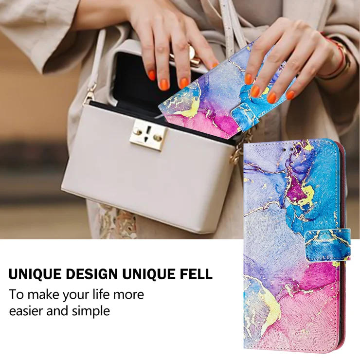 For Motorola Moto G Play (2025) 4G Case Pattern Printing Wallet Phone Cover with Strap - Multicolor Marble