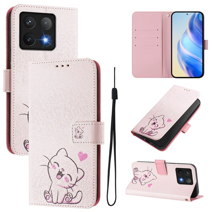 For Xiaomi 14T Case Pattern Printing Wallet Phone Cover with Strap - Cute Cat