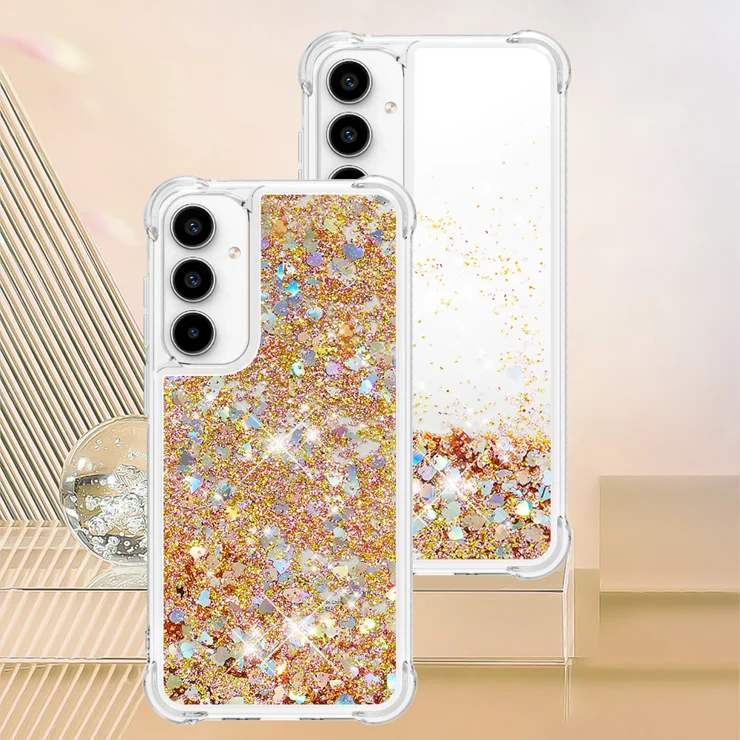 For Samsung Galaxy A36 5G TPU Case Glitter Quicksand Shockproof Phone Back Cover - Gold / Hearts