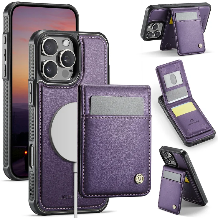 For iPhone 16 Pro Max Leather Back Cover Compatible with MagSafe JEEHOOD J06 Phone Case with Card Bag RFID Blocking - Purple