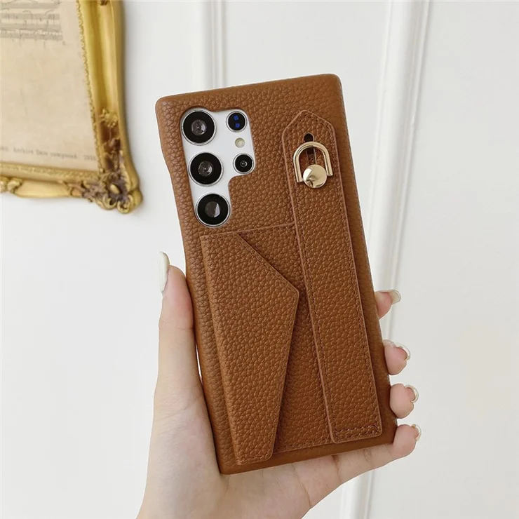For Samsung Galaxy S24 Ultra Case with Card Slot Wristband Kickstand PU Leather+PET Phone Cover - Dark Brown