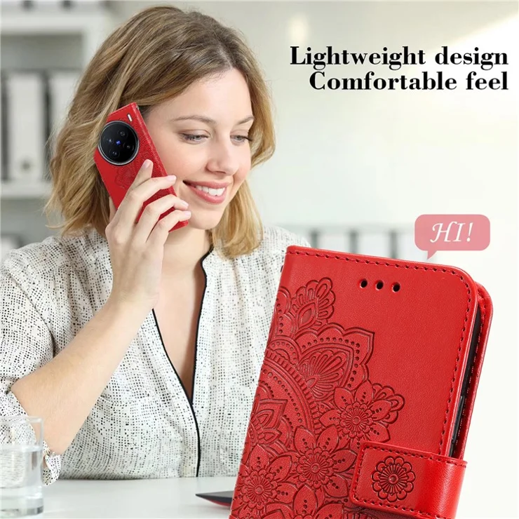 For vivo X200 Pro 5G Case Floral Pattern PU Leather Wallet Stand Phone Cover - Red