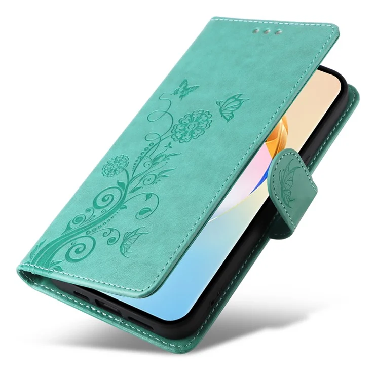 For Honor X60 5G Leather Case Butterfly Floral Imprint Wallet Stand Cover - Green