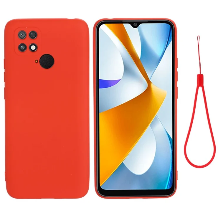 Liquid Silicone Phone Case for Xiaomi Poco C40 4G, Soft Fiber Lining Anti-fading Phone Cover with Strap - Red