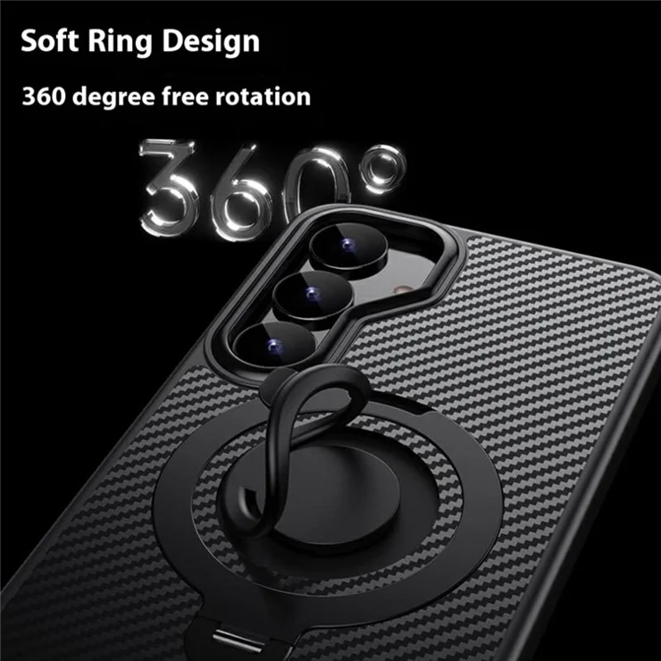 For Samsung Galaxy S25 Case Compatible with MagSafe Kickstand Carbon Fiber Texture PC + TPU Back Cover with Silicone Ring - Silver