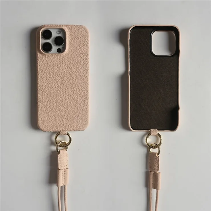 For iPhone 14 Pro Max Case With Lanyard Genuine Cow Leather PC Phone Back Cover - Pink