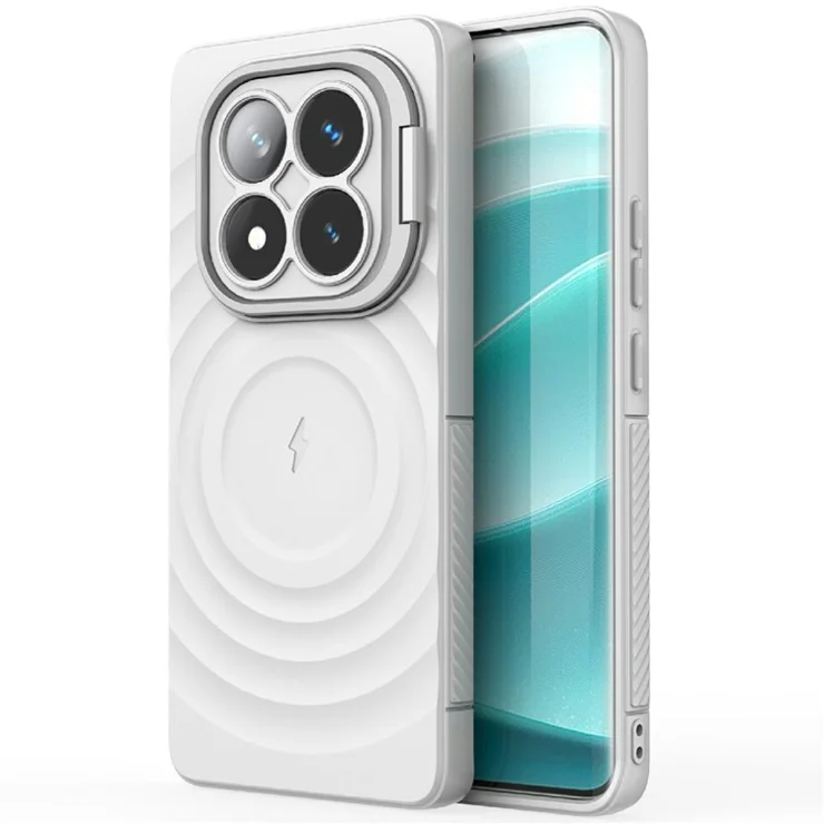 For Xiaomi Redmi Note 14 Pro 5G / Poco X7 5G Case Compatible with MagSafe PC Kickstand Ripple Texture TPU Phone Cover - White