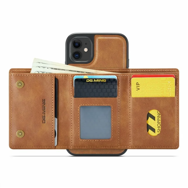 DG.MING M6 Series For iPhone 11 Case Magnetic Wallet PU+PC+TPU Phone Cover - Brown