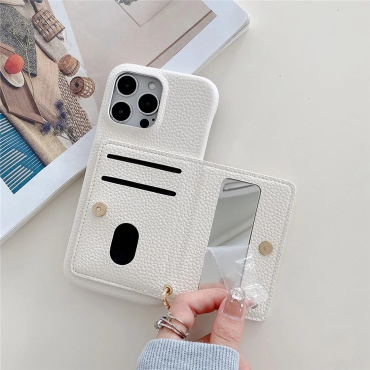 For iPhone 15 Pro Max Case Card Slots Kickstand PU Leather Back Cover with Zipper Pocket, Wrist Strap - White
