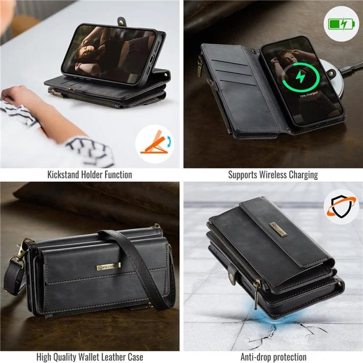 For iPhone 12 Pro 6.1 inch / iPhone 12 6.1 inch Case CASEME C39 RFID Blocking Zipper Wallet Stand Leather Cover with Strap - Black