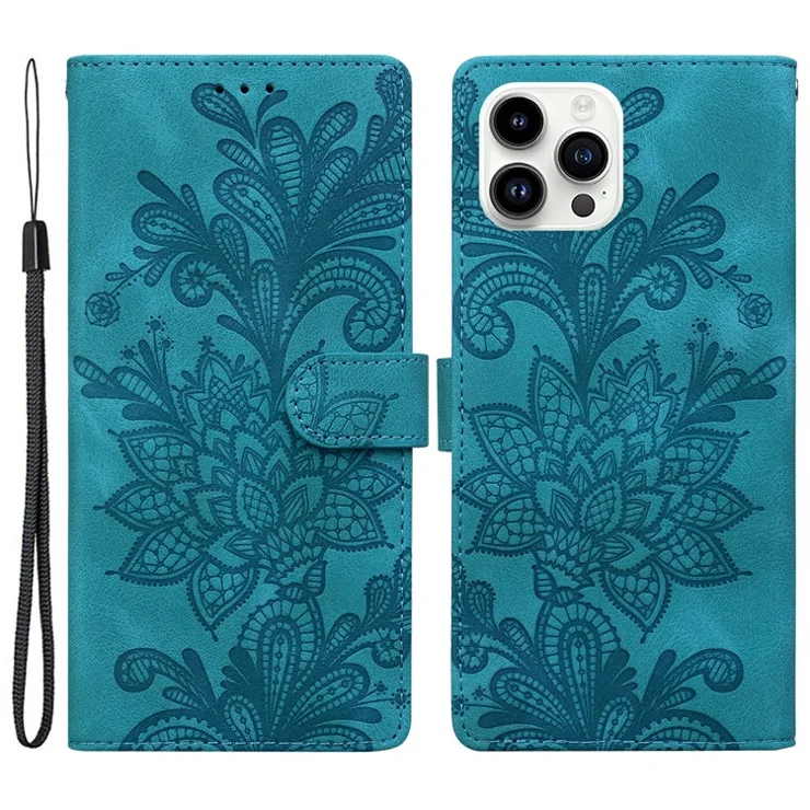 For iPhone 16 Pro Case Imprinted Lace Flowers PU Leather Wallet Phone Cover - Green