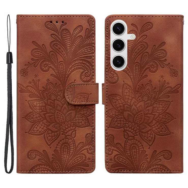 For Samsung Galaxy S25 / S24 Case Imprinted Lace Flowers PU Leather Wallet Phone Cover - Brown