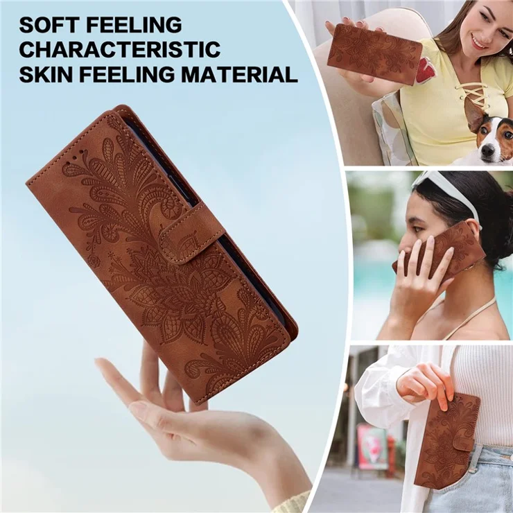 For Samsung Galaxy S25+ / S24+ Case Imprinted Lace Flowers PU Leather Wallet Phone Cover - Brown