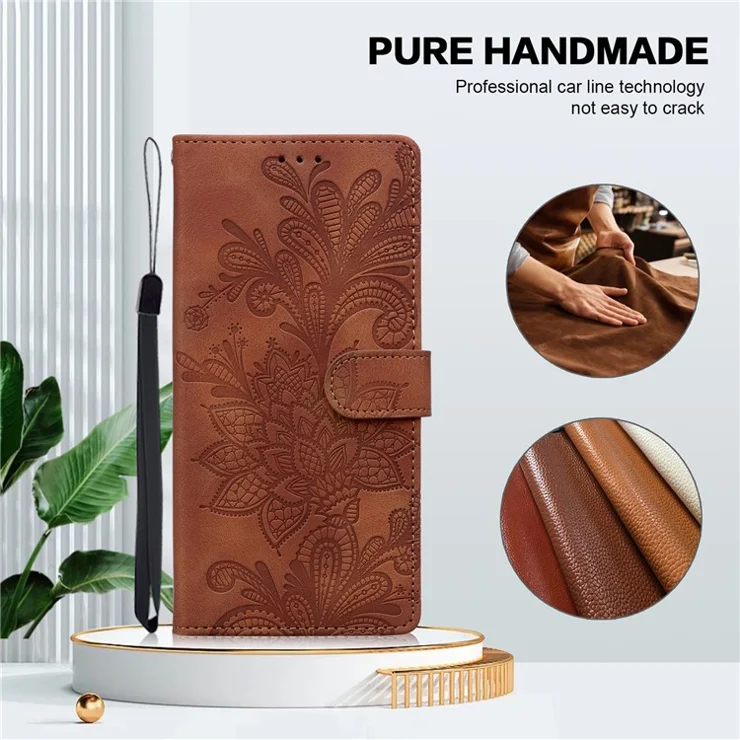 For Xiaomi Redmi 13C 5G / 4G Case Imprinted Lace Flowers PU Leather Wallet Phone Cover - Brown