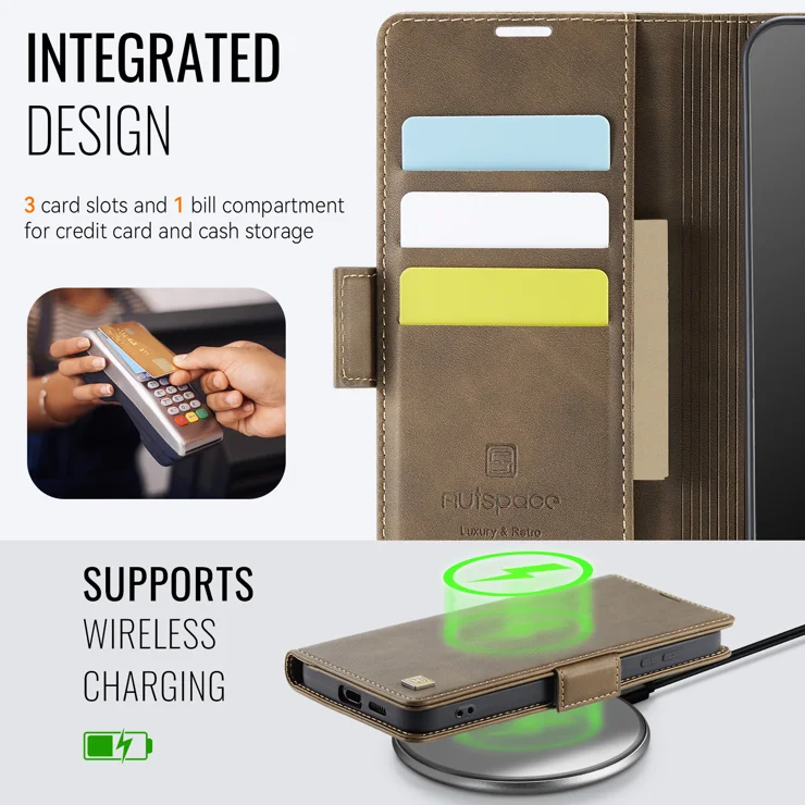 For Samsung Galaxy S24 Case AUTSPACE A11 RFID Blocking Retro Leather Cell Phone Wallet Cover - Brown