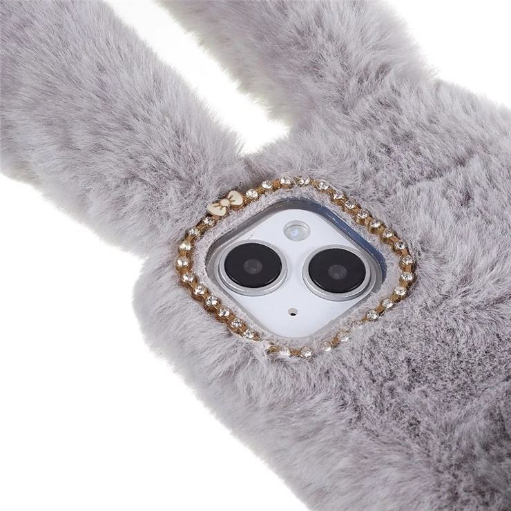 For iPhone 14 Plus Cute 3D Bunny Ears Furry Winter Warm Case Bump Proof TPU Protective Phone Cover with Glitter Rhinestone Bowknot - Light Grey