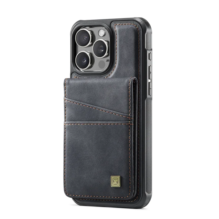 For iPhone 15 Pro Case AUTSPACE A12 Leather Phone Case with Detachable Card Bag - Black