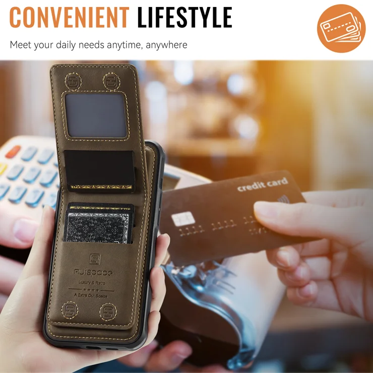 For iPhone 15 Case AUTSPACE A12 Leather Phone Case with Detachable Card Bag - Coffee