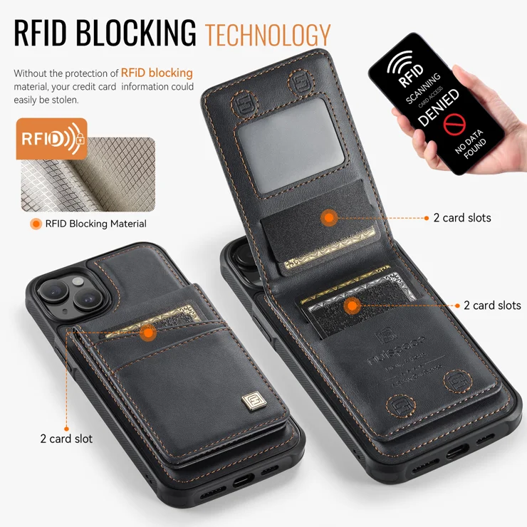 For iPhone 14 Plus Case AUTSPACE A12 Leather Phone Case with Detachable Card Bag - Black