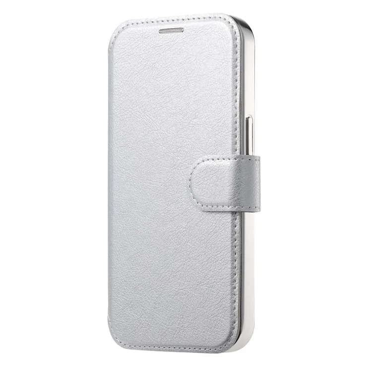 For iPhone 14 Pro Max Case Compatible with MagSafe Detachable Leather Phone Cover with Lens Film - Silver